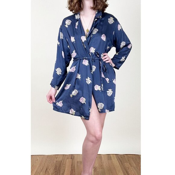 Vintage 100% Silk Floral Print Robe Kimono Duster Cardigan Lounge Quiet Luxury - Picture 7 of 7